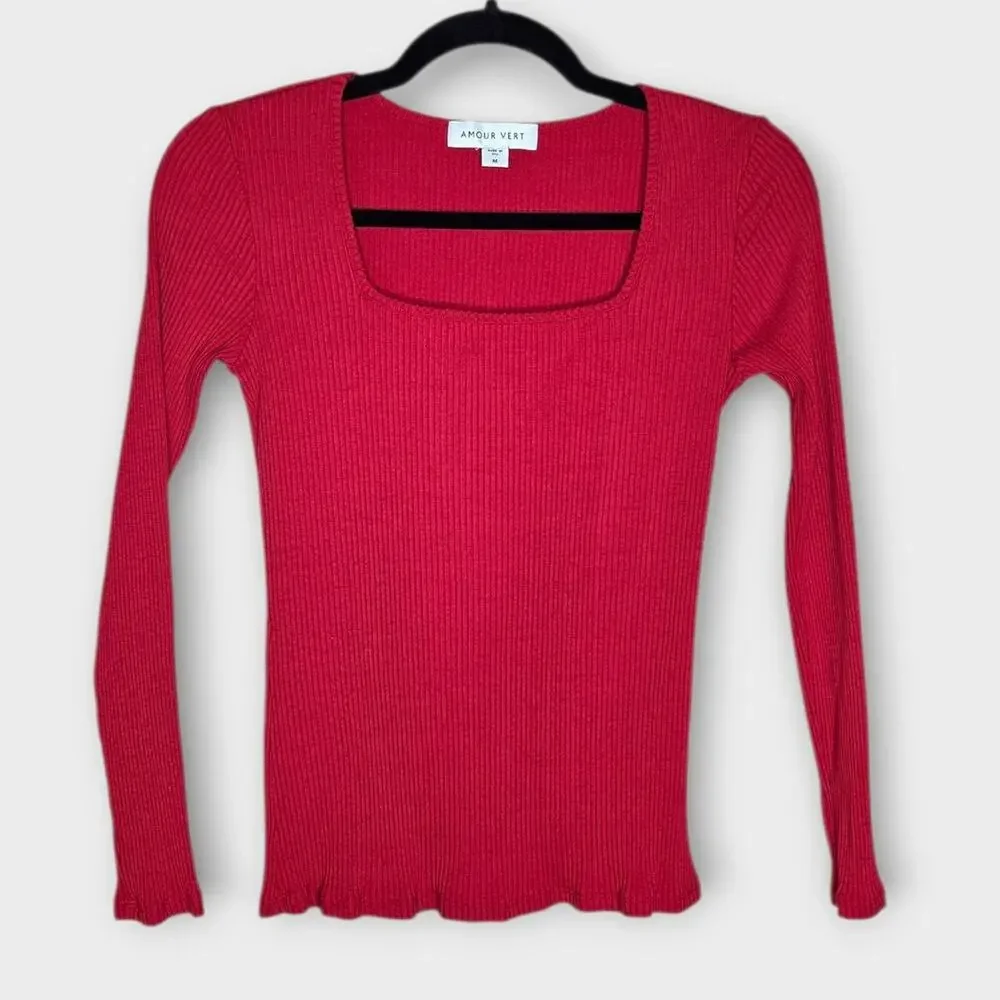Amour Vert Red Square Neck Ribbed Fitted Top Long Sleeve Womens Med
